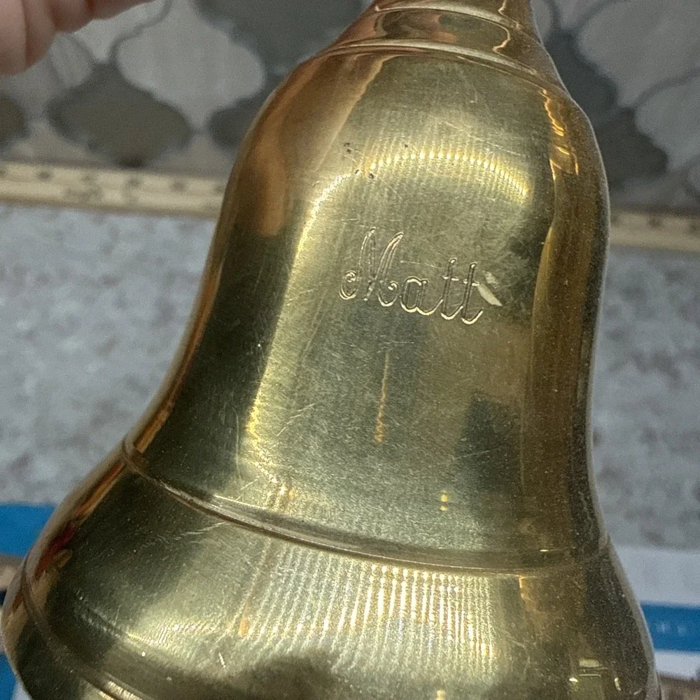 Vtg Enesco India Solid Brass Double Hand Bell Ornate Feather Handle 8.5